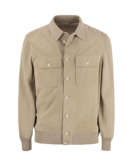 Brunello Cucinelli Natural Suede Shirt-Style Cardigan With Pockets for men