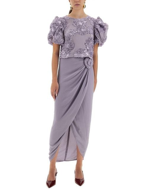 ROTATE BIRGER CHRISTENSEN Purple 3D Floral Mesh Top With Voluminous Puff Sleeves