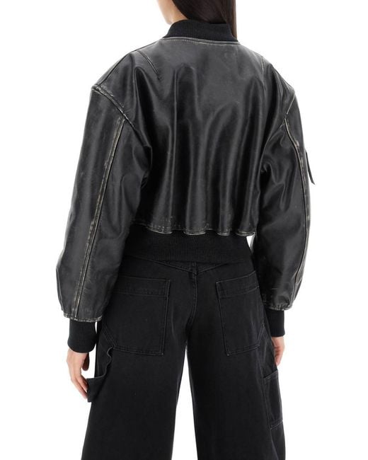 Acne Black Aged Leather Bomber Jacket With Distressed Treatment