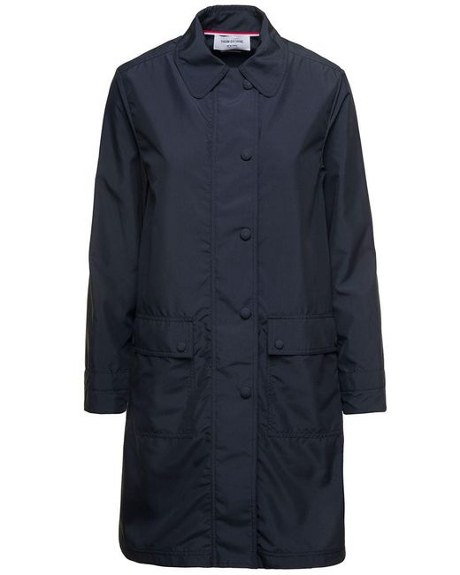 Thom Browne Blue Single-Breasted Trench Coat With Round Collar