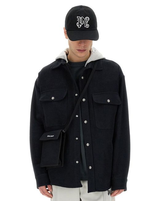 Palm Angels Black Shirt-Jacket With Monogram for men