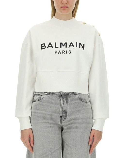 Balmain Gray Logo Cotton Sweatshirt