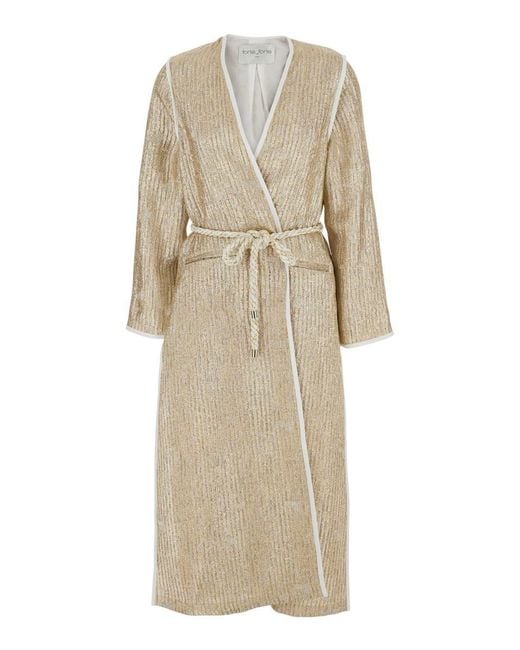 Forte Forte Natural 'Twinkle' Coat With V-Neck On The Front And Adjustable Waist Belt