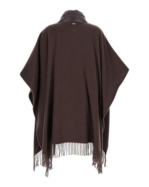 Herno Brown Cape With Drawstring Collar And Fringed Hem In Tech Fabric Woman