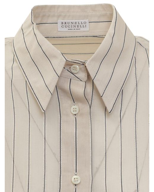 Brunello Cucinelli White Cotton And Silk Sparkling Stripe Poplin Shirt With Monile