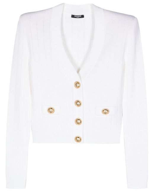 Balmain White Buttoned Knit Crop Cardigan