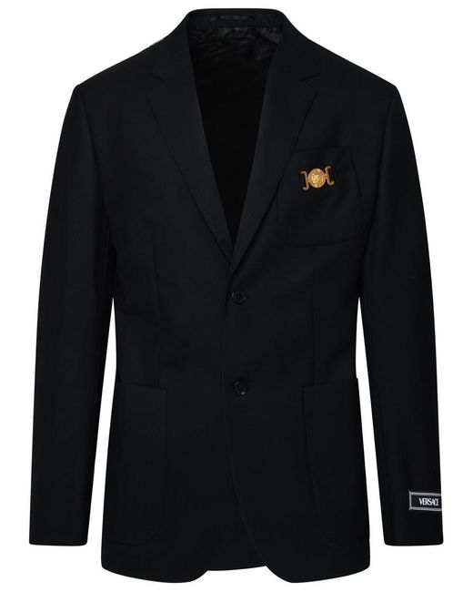 Versace Blue Black Wool Blazer Jacket for men