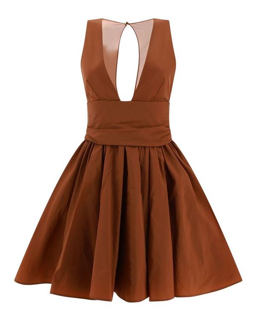 Pinko Brown Short Dress With Ruffles And V-neck