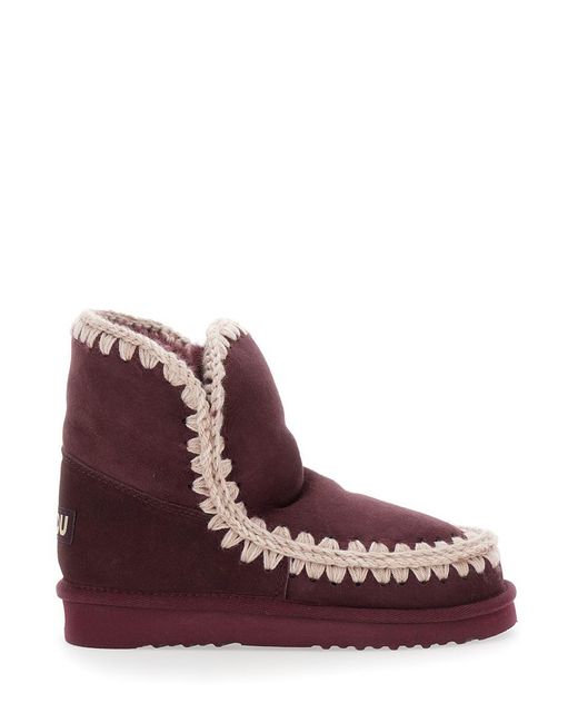 Mou Purple 'Eskimo' Bordeaux Ankle Boots With Crochet Details And Logo Patch On The Rear