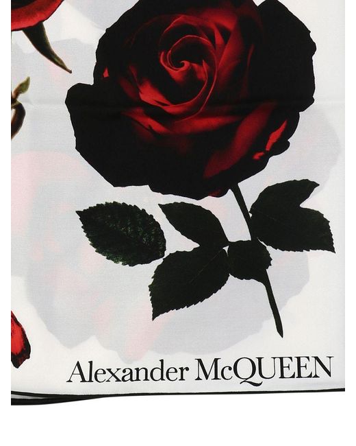 Alexander McQueen Red Rose Print Silk Scarf