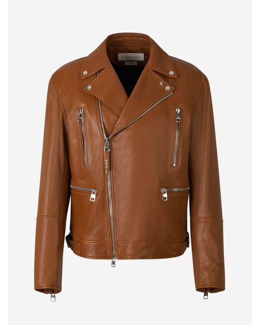 Alexander McQueen Brown Leather Biker Jacket for men
