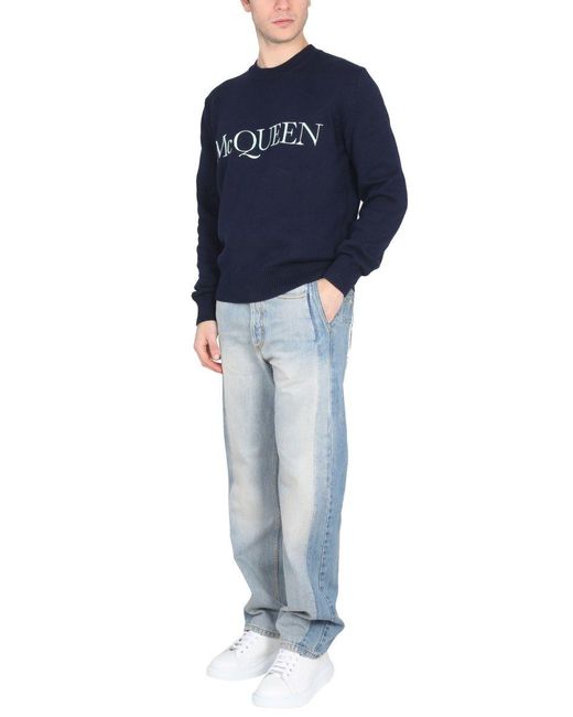Alexander McQueen Blue Logo Cotton Sweater for men