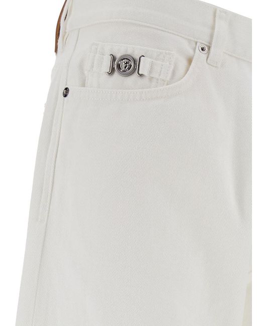 Versace White Five-pocket Jeans With Logo Patch In Cotton Denim Man for men