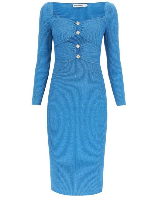 Self-Portrait Lurex Sheath Dress With Buttons Light Blue,blue | Lyst