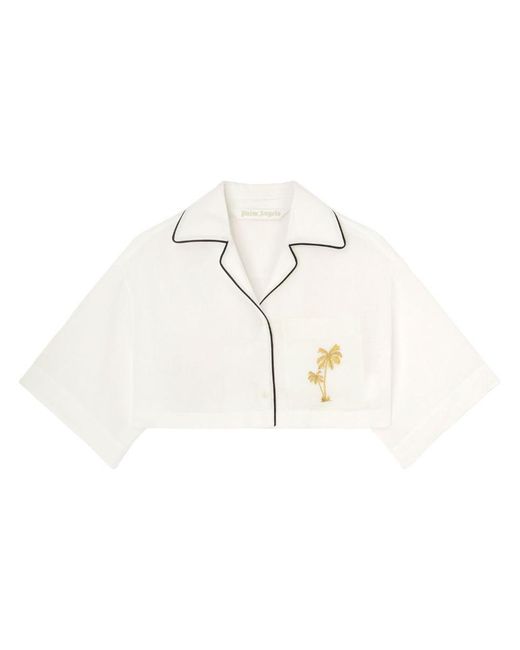 Palm Angels White Logo-embroidered Cropped Linen Shirt