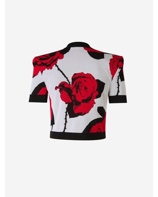 Balmain Red Floral Motif Knitted Top