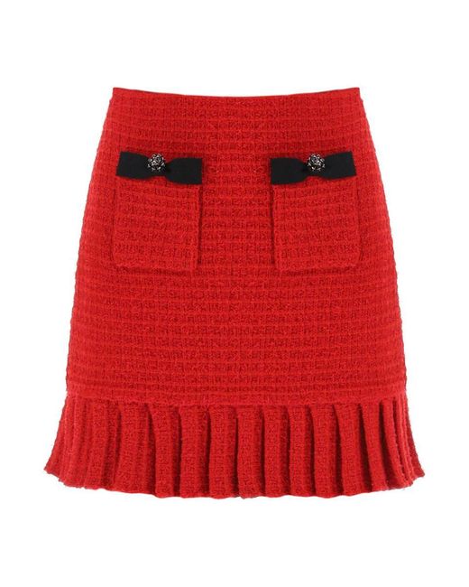 Self-Portrait Red Bouclé-texture Pleated Woven Mini Skirt