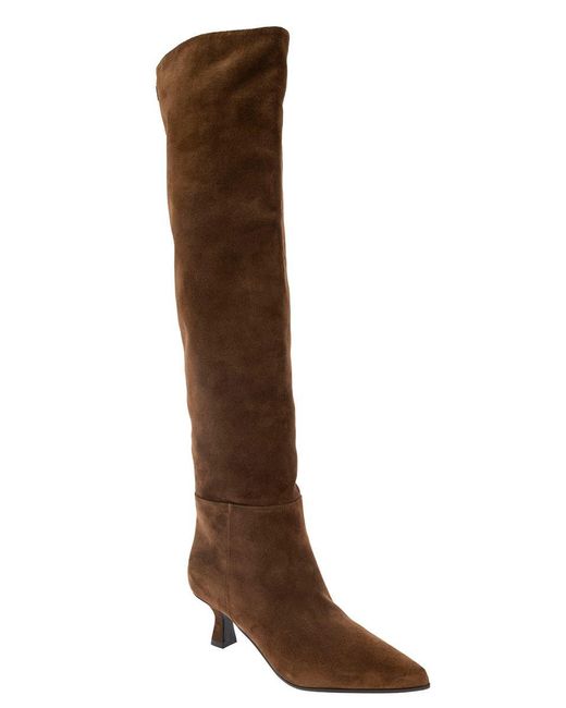 3Juin 'bea' Brown Pointed High-boots With Logo Patch In Suede Woman