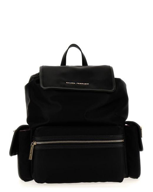 Chiara Ferragni Black Logo Nylon Backpack Backpacks