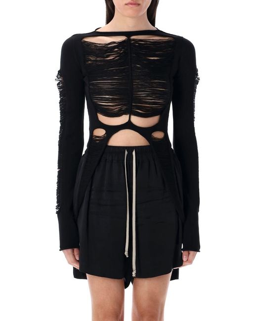 Rick Owens Black Rolled Neck Wool Tanja T Top With Shredded Design
