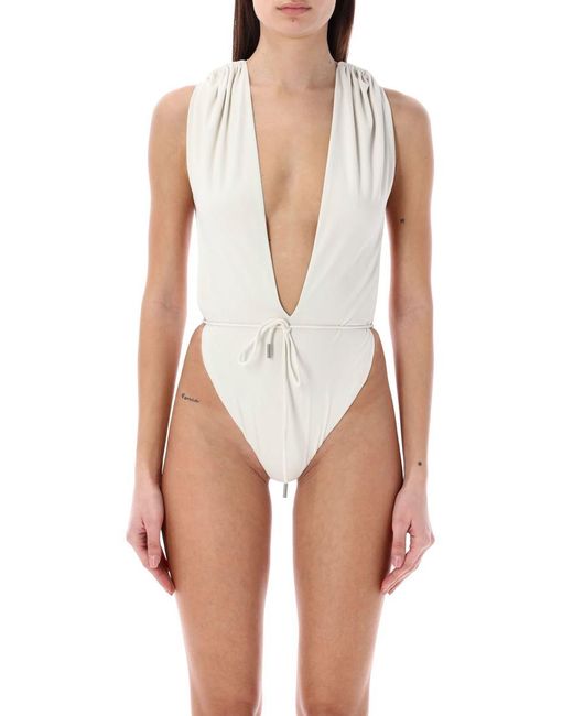 Saint Laurent White Backless V-Halter Swimsuit