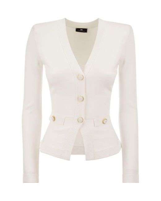 Elisabetta Franchi White Shiny Viscose Cardigan With Twin Buttons