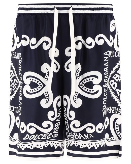 Dolce & Gabbana Blue Silk Shorts With Marina Print for men