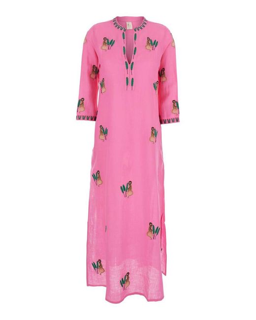 Nimo With Love Pink Caftan With V-Neckline And All-Over Applied Embroidery