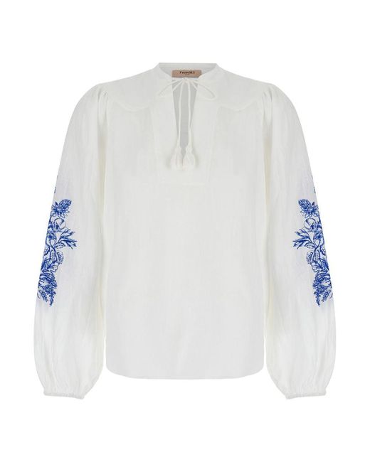 Twin Set White Linen Blouse With Contrast Embroidery