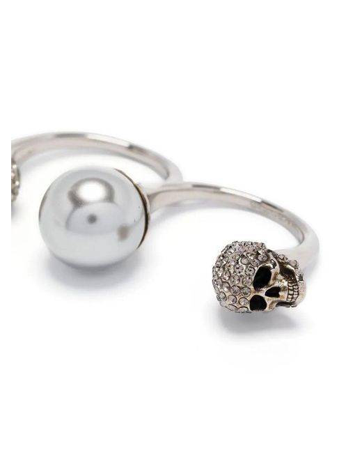Alexander McQueen White Antiqued Double Pearl Skull Ring