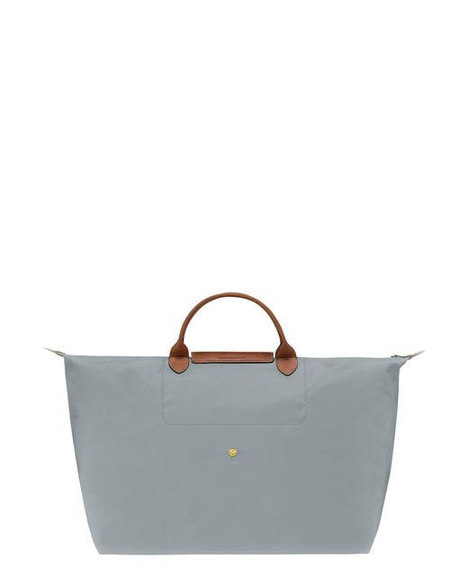Longchamp Gray 'Le Pliage Original' Tote Bag With Embossed Logo And Leather Trim