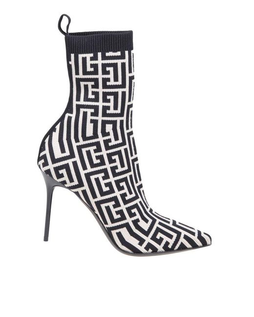 Balmain White Ankle Boot In Monogram Stretch Fabric