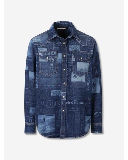 Palm Angels Blue Printed Denim Jacket for men