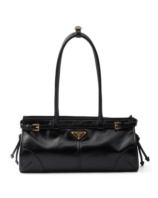 Prada Black Enamel Triangle-Logo Leather Tote Bag