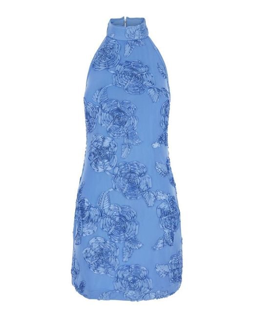 ROTATE BIRGER CHRISTENSEN Blue High Neck Dress With All-Over Floral Motif