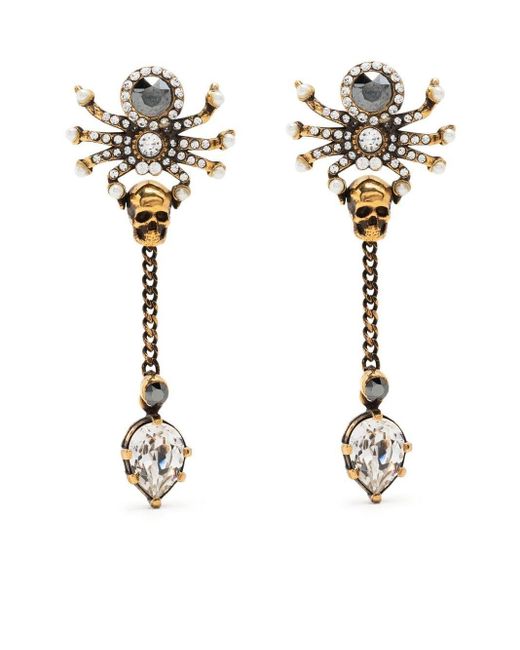 Alexander McQueen White Jewelled Spider Earrings In Gold