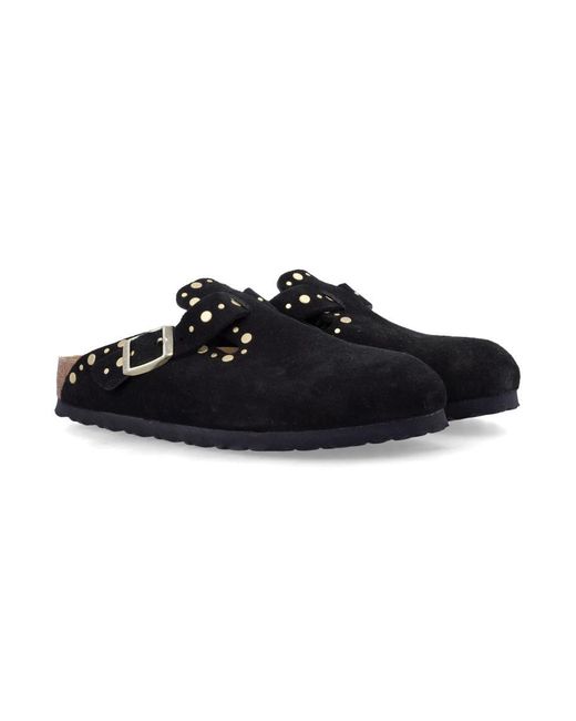 Birkenstock Black Boston Suede Mules With Studs