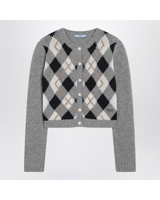 Prada Gray Checked Cashmere Cardigan