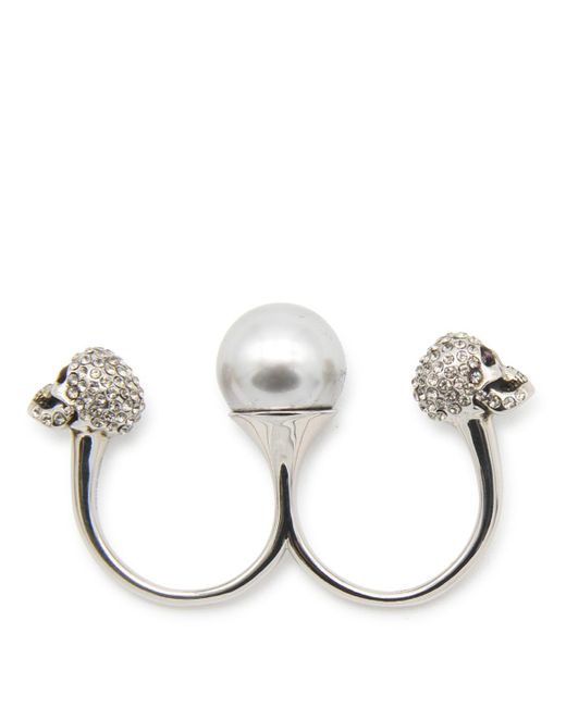 Alexander McQueen White Pearl And Brass Skull Double Ring