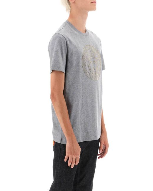 Versace Gray Rhinestones Medusa T Shirt for men