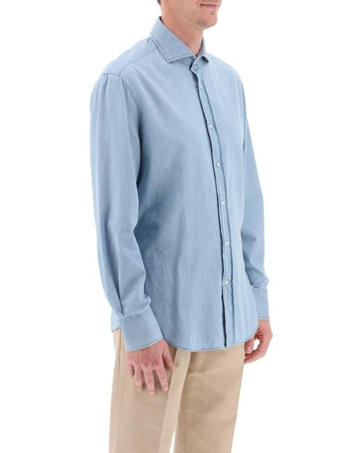 Brunello Cucinelli Blue Chambray Shirt for men