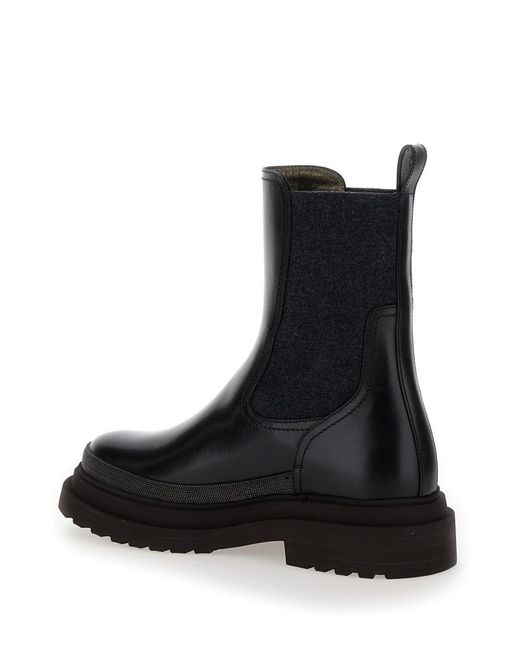 Brunello Cucinelli Black Slip-On Boots With Lug Sole And Monile