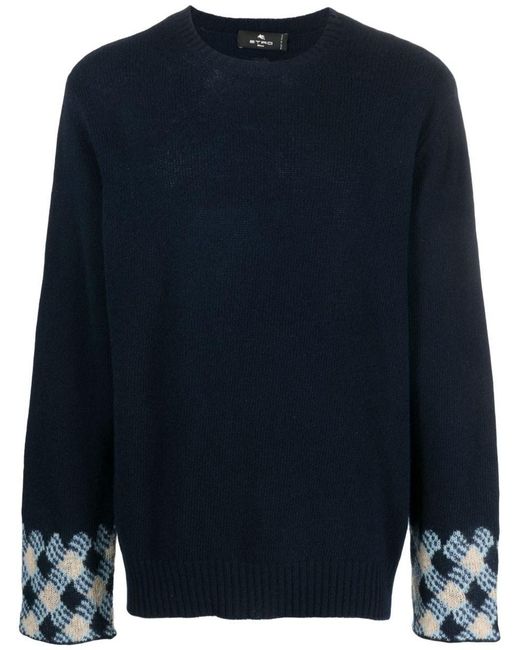 Etro Blue Intarsia-knit Virgin Wool Jumper for men