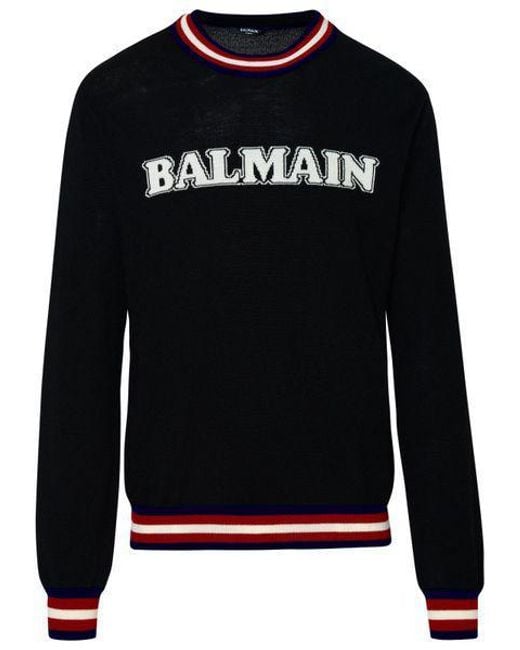 Balmain Black Wool Intarsia Knit Jumper for men