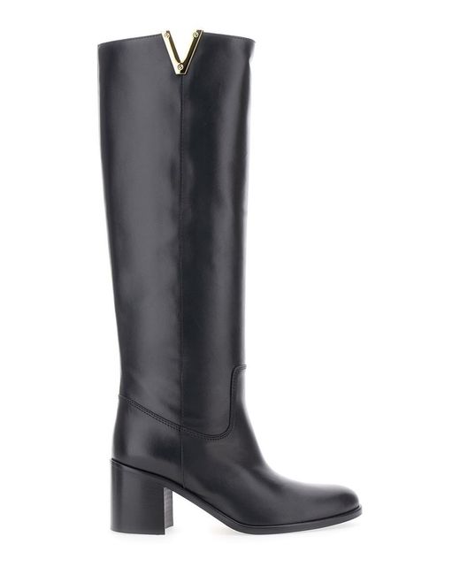 Via Roma 15 Black Knee-High Boots With Cut-Out On The Side And Logo Plaque