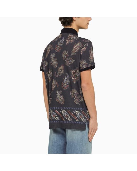 Etro Black Short Sleeved Polo With Paisley Print for men
