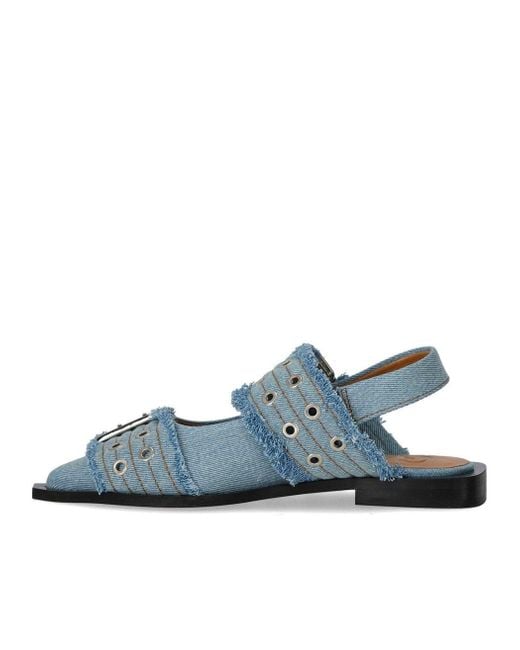 Ganni Blue Faded Denim Slingback Ballet Flat Shoe With Buckles