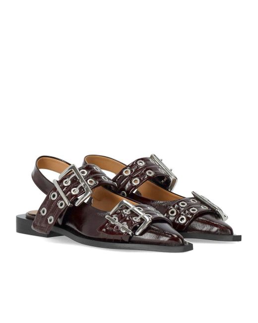 Ganni Brown Burgundy Slingback Ballet Flat Shoe With Buckles