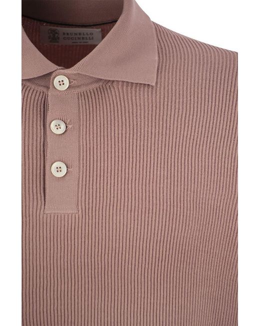 Brunello Cucinelli Pink Ribbed Cotton Polo-style Jersey for men
