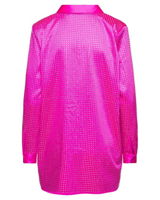 Self-Portrait Pink Shirt With All-over Crystal Embellishment In Fuchsia Satin Woman for men